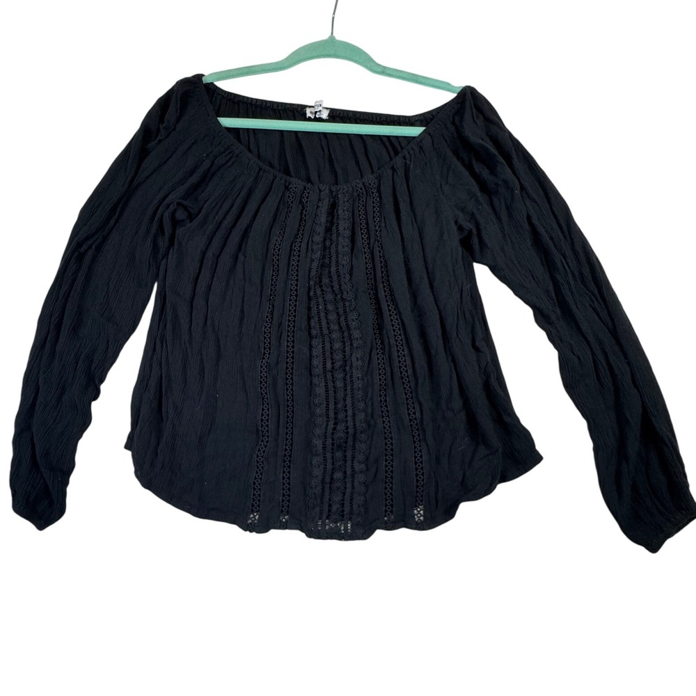 Hollister California‎ Black Long Sleeve Peasant Top Crochet Detail Large Boho